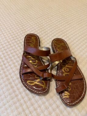 Sam Edelman Tan Brown Leather Strappy Slide Sandals